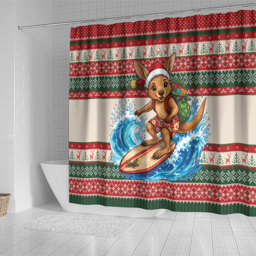 Aussie Wallaby Santa Surf Christmas Shower Curtain Festive Knitted Pattern Inspired