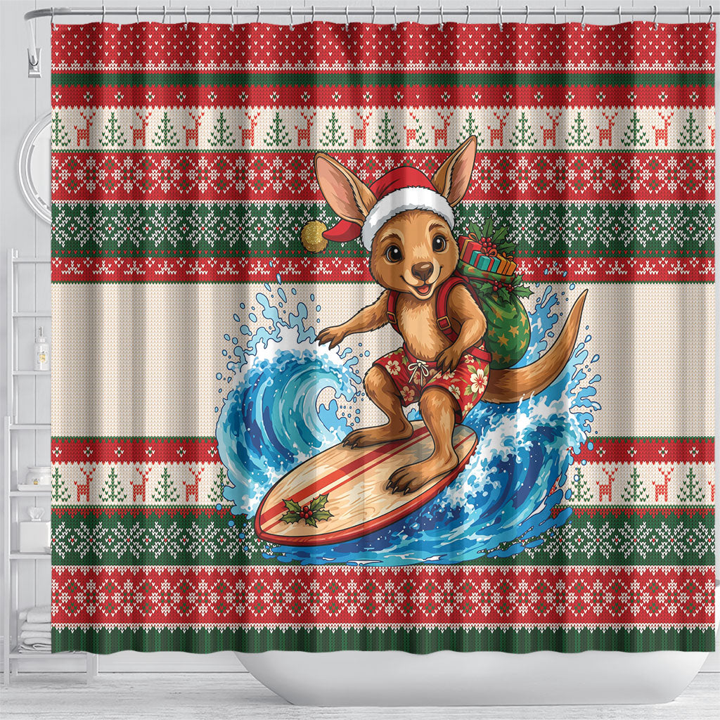 Aussie Wallaby Santa Surf Christmas Shower Curtain Festive Knitted Pattern Inspired