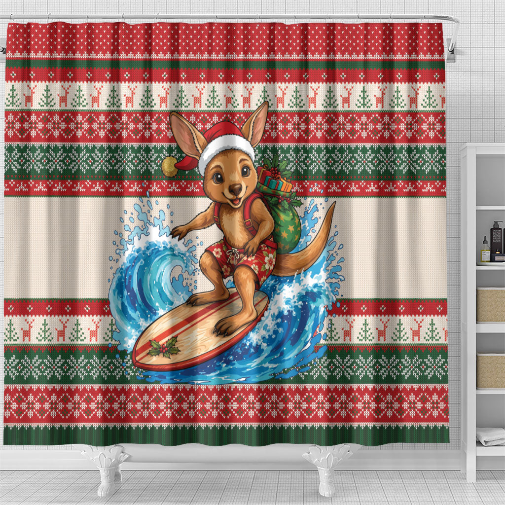 Aussie Wallaby Santa Surf Christmas Shower Curtain Festive Knitted Pattern Inspired
