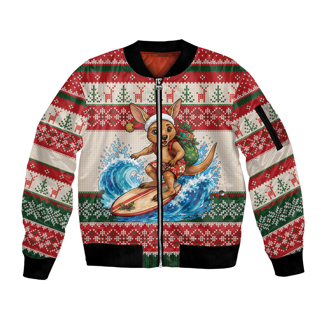 Aussie Wallaby Santa Surf Christmas Sleeve Zip Bomber Jacket Festive Knitted Pattern Inspired