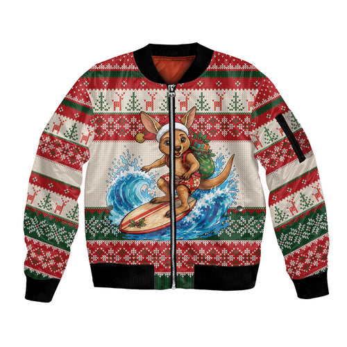 Aussie Wallaby Santa Surf Christmas Sleeve Zip Bomber Jacket Festive Knitted Pattern Inspired