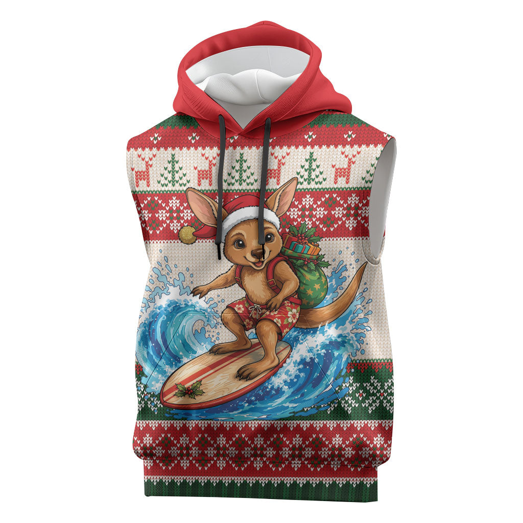Aussie Wallaby Santa Surf Christmas Sleeveless Hoodie Festive Knitted Pattern Inspired