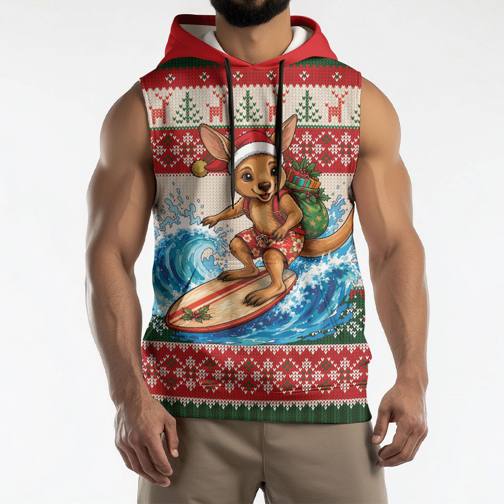 Aussie Wallaby Santa Surf Christmas Sleeveless Hoodie Festive Knitted Pattern Inspired