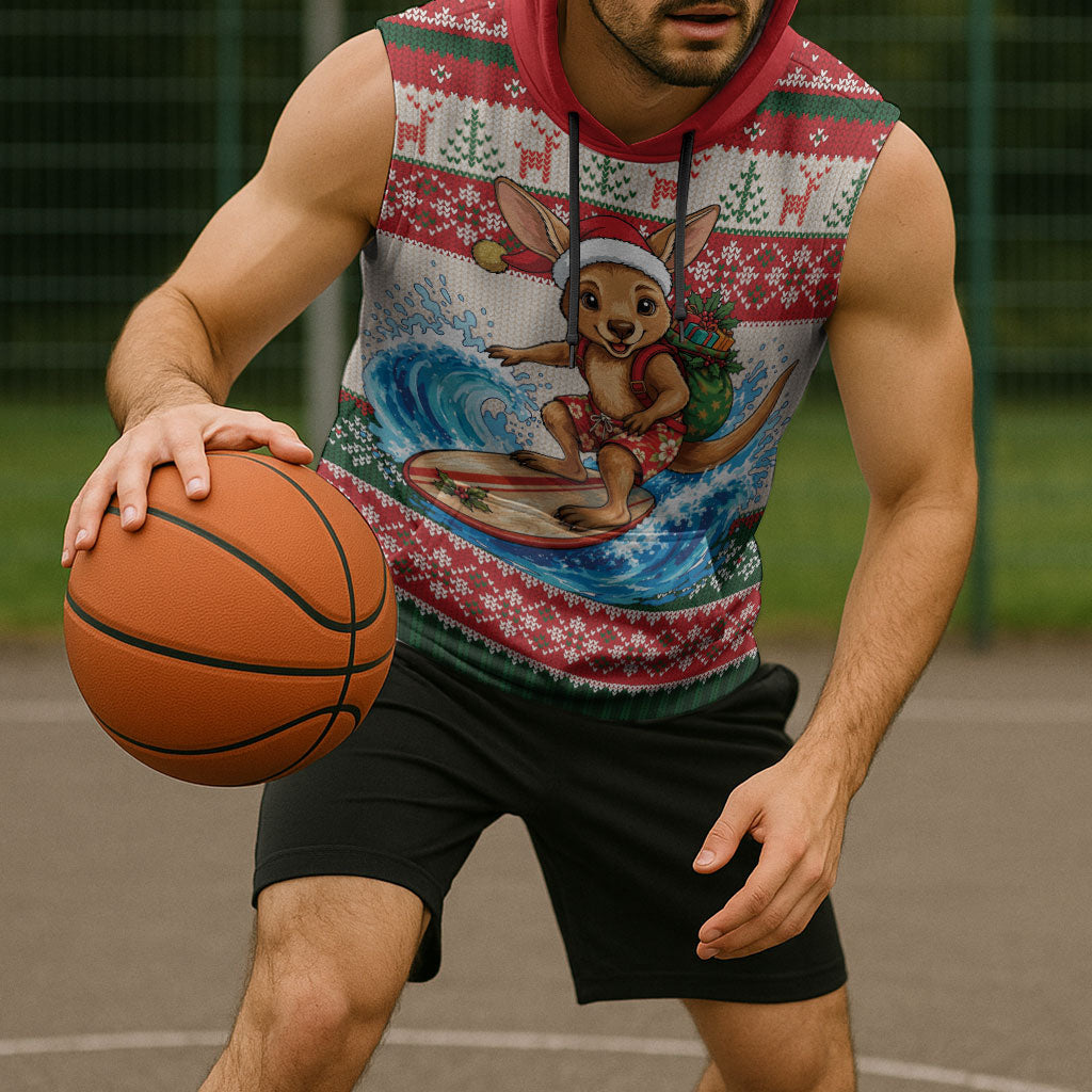 Aussie Wallaby Santa Surf Christmas Sleeveless Hoodie Festive Knitted Pattern Inspired