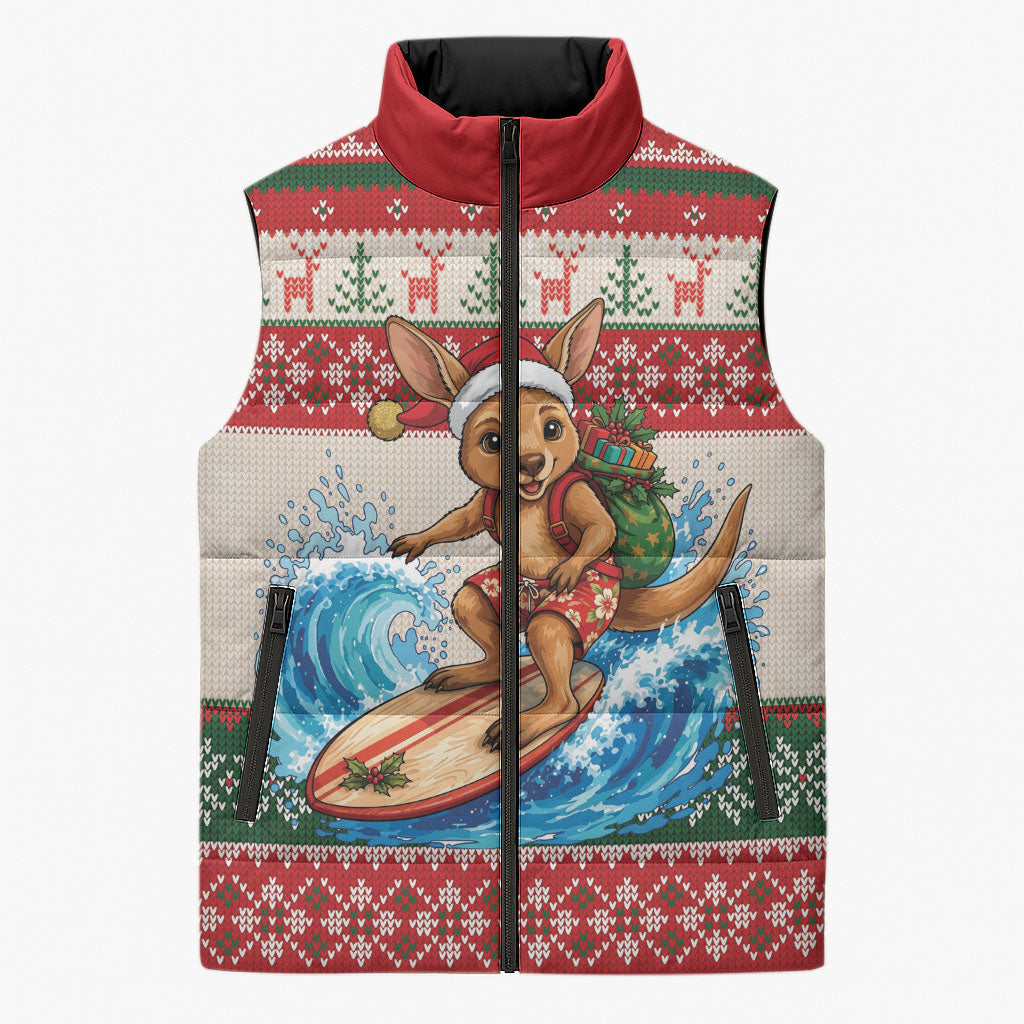 Aussie Wallaby Santa Surf Christmas Sleeveless Puffer Jacket Festive Knitted Pattern Inspired