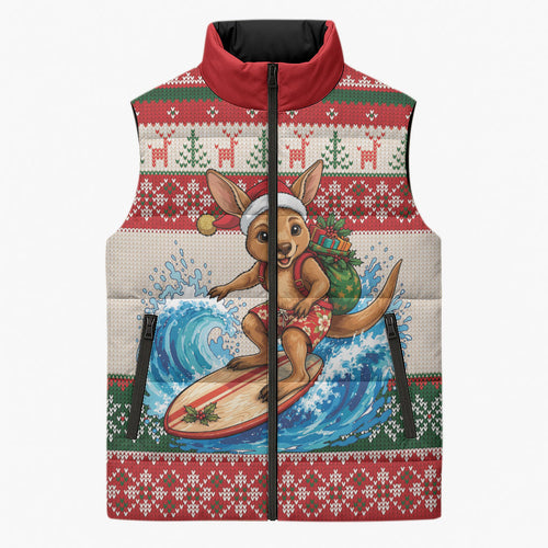 Aussie Wallaby Santa Surf Christmas Sleeveless Puffer Jacket Festive Knitted Pattern Inspired