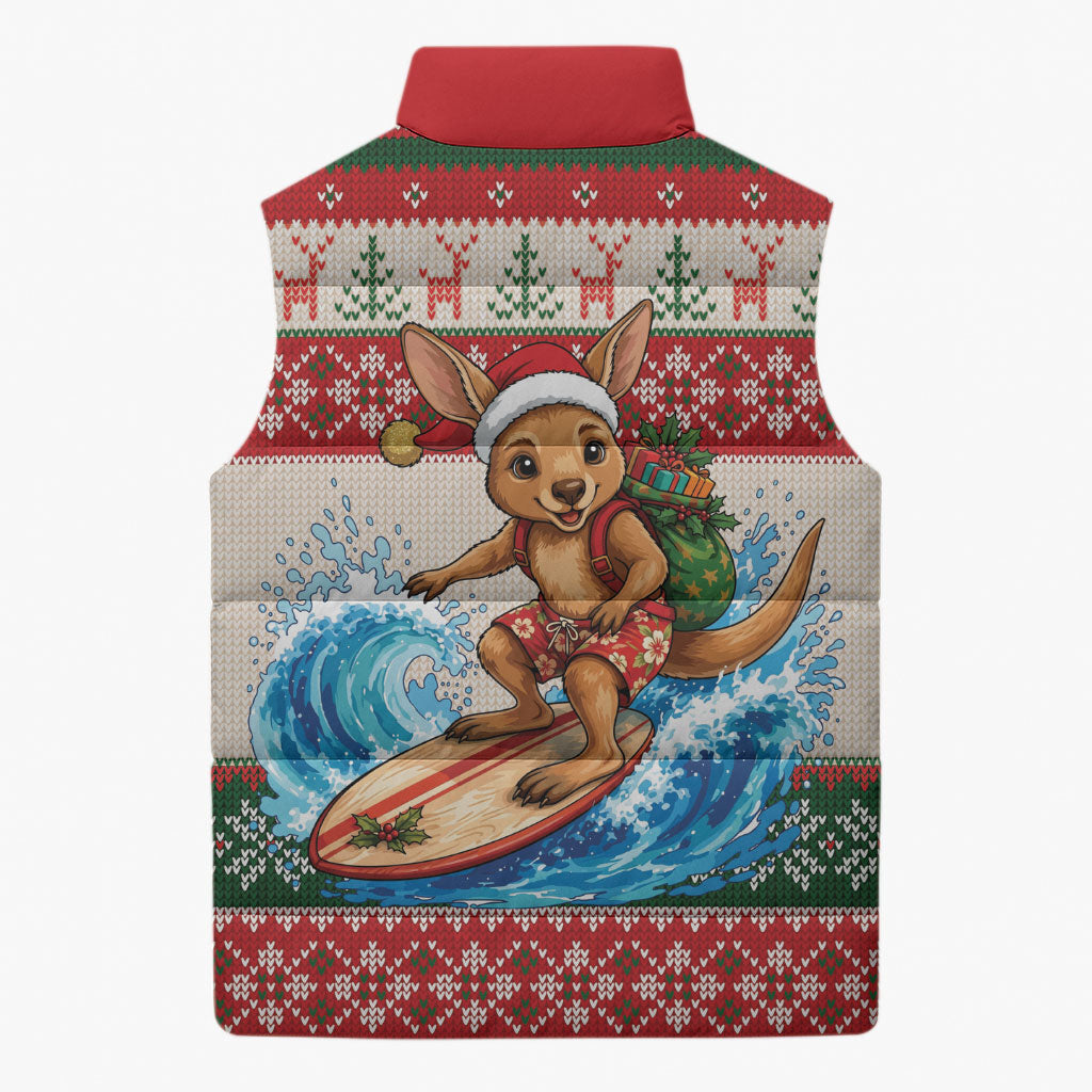 Aussie Wallaby Santa Surf Christmas Sleeveless Puffer Jacket Festive Knitted Pattern Inspired