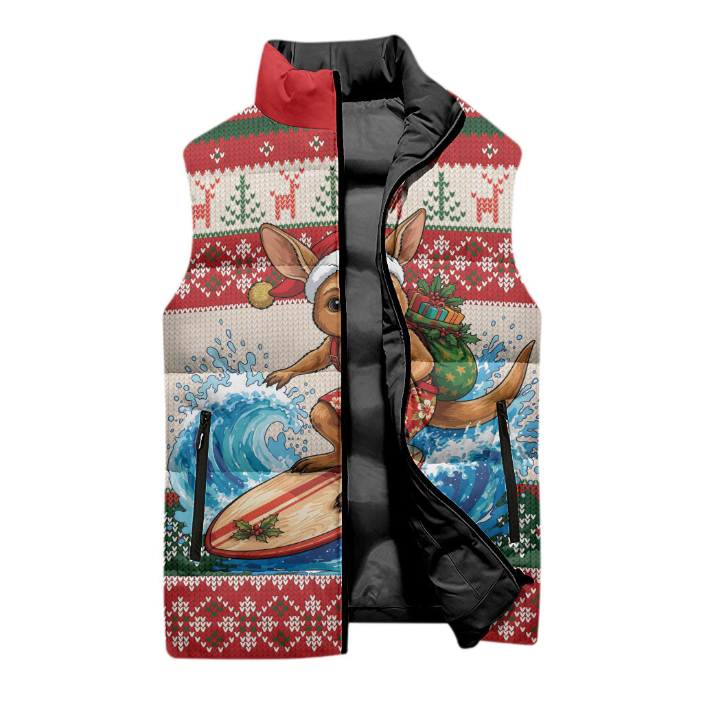 Aussie Wallaby Santa Surf Christmas Sleeveless Puffer Jacket Festive Knitted Pattern Inspired