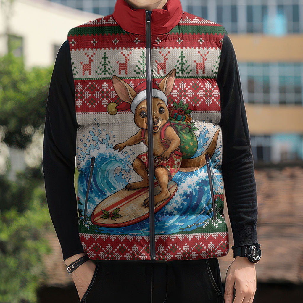 Aussie Wallaby Santa Surf Christmas Sleeveless Puffer Jacket Festive Knitted Pattern Inspired