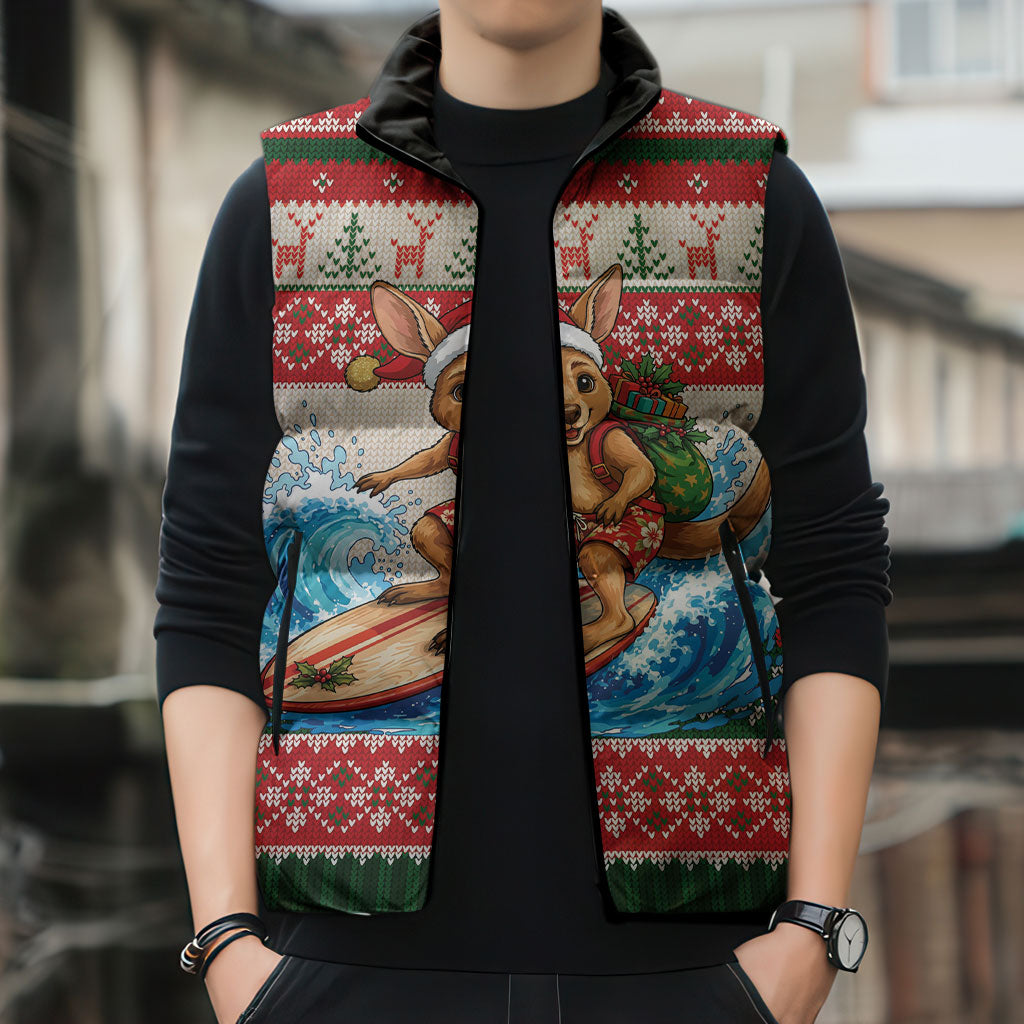 Aussie Wallaby Santa Surf Christmas Sleeveless Puffer Jacket Festive Knitted Pattern Inspired