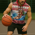 Aussie Wallaby Santa Surf Christmas Sleeveless Zip Hoodie Festive Knitted Pattern Inspired