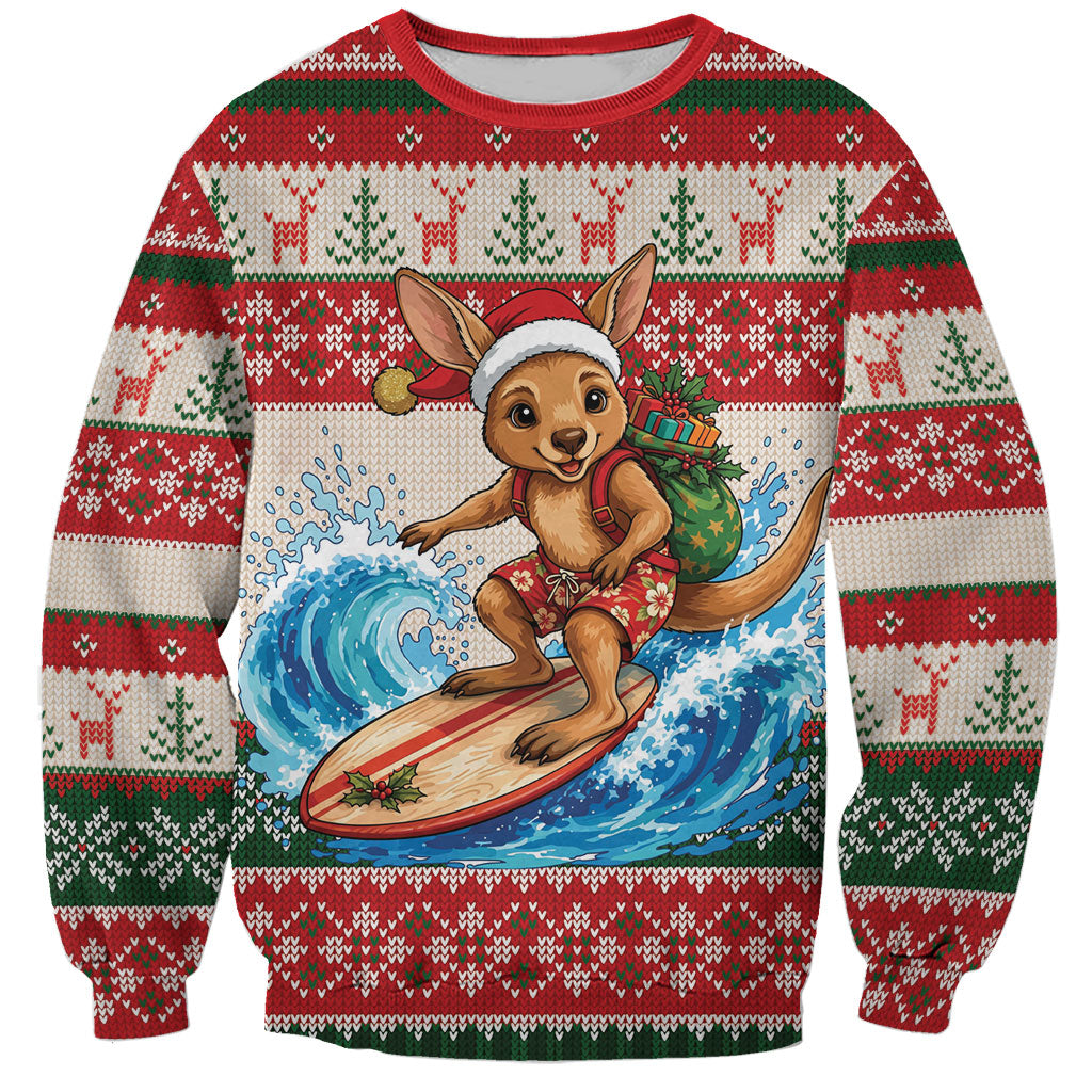 Aussie Wallaby Santa Surf Christmas Sweatshirt Festive Knitted Pattern Inspired