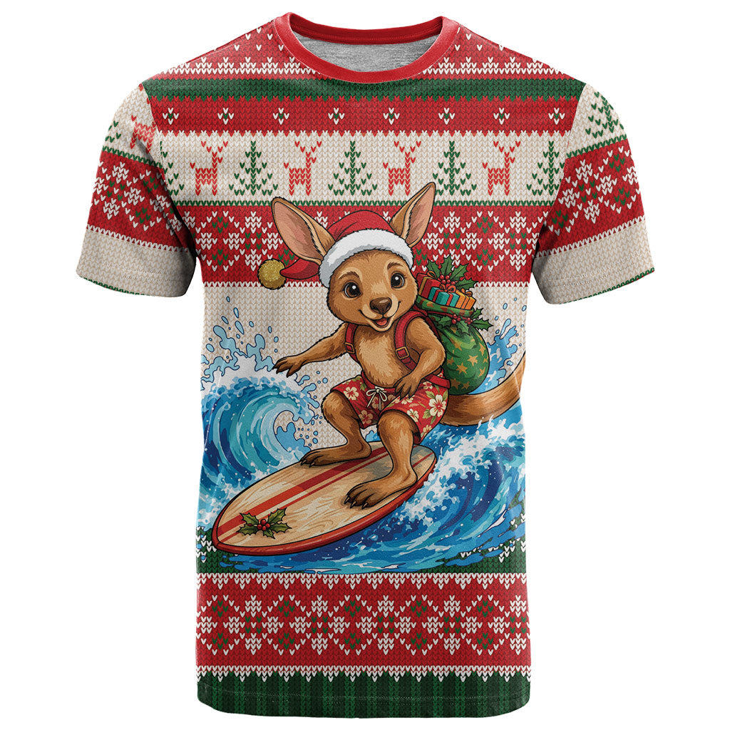 Aussie Wallaby Santa Surf Christmas T Shirt Festive Knitted Pattern Inspired