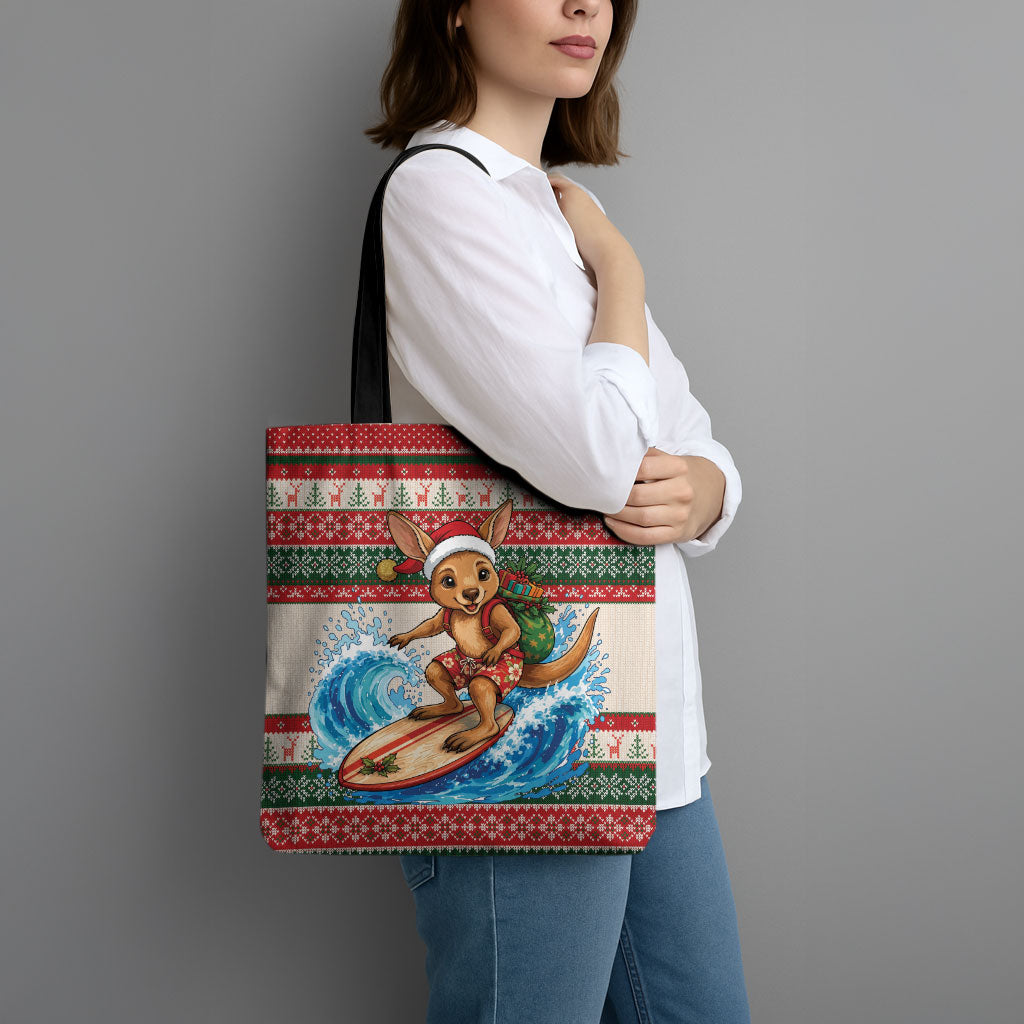 Aussie Wallaby Santa Surf Christmas Tote Bag Festive Knitted Pattern Inspired