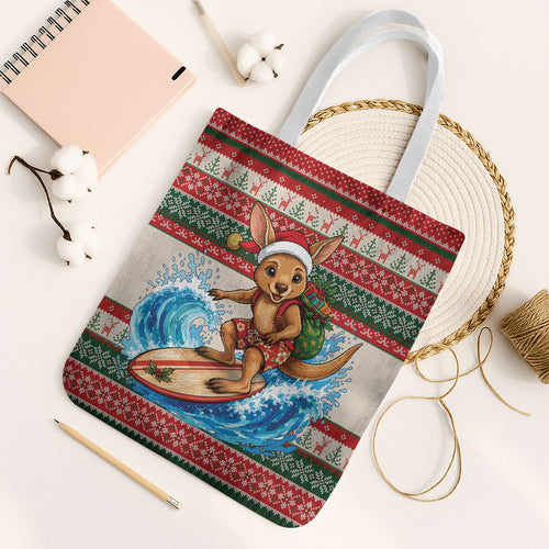 Aussie Wallaby Santa Surf Christmas Tote Bag Festive Knitted Pattern Inspired