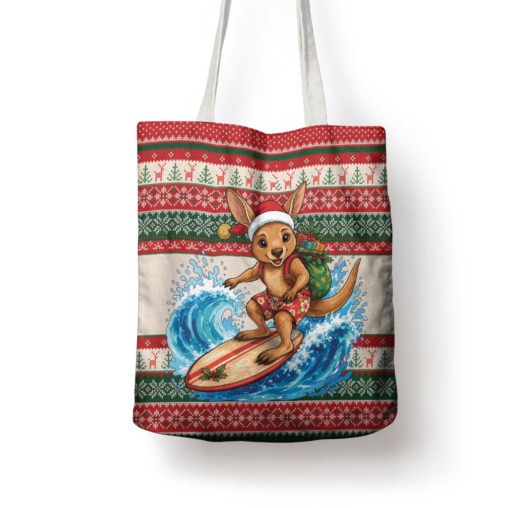Aussie Wallaby Santa Surf Christmas Tote Bag Festive Knitted Pattern Inspired