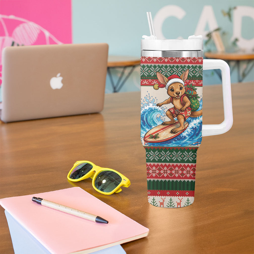 Aussie Wallaby Santa Surf Christmas Tumbler With Handle Festive Knitted Pattern Inspired