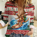 Aussie Wallaby Santa Surf Christmas Women Casual Shirt Festive Knitted Pattern Inspired
