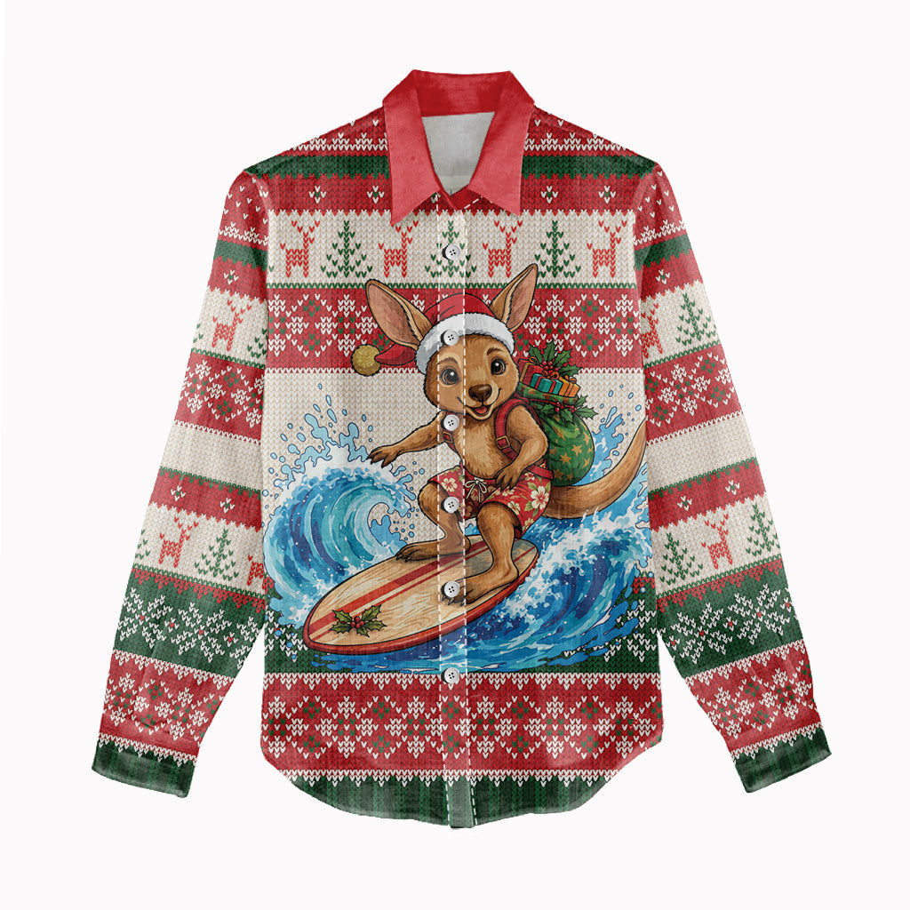 Aussie Wallaby Santa Surf Christmas Women Casual Shirt Festive Knitted Pattern Inspired