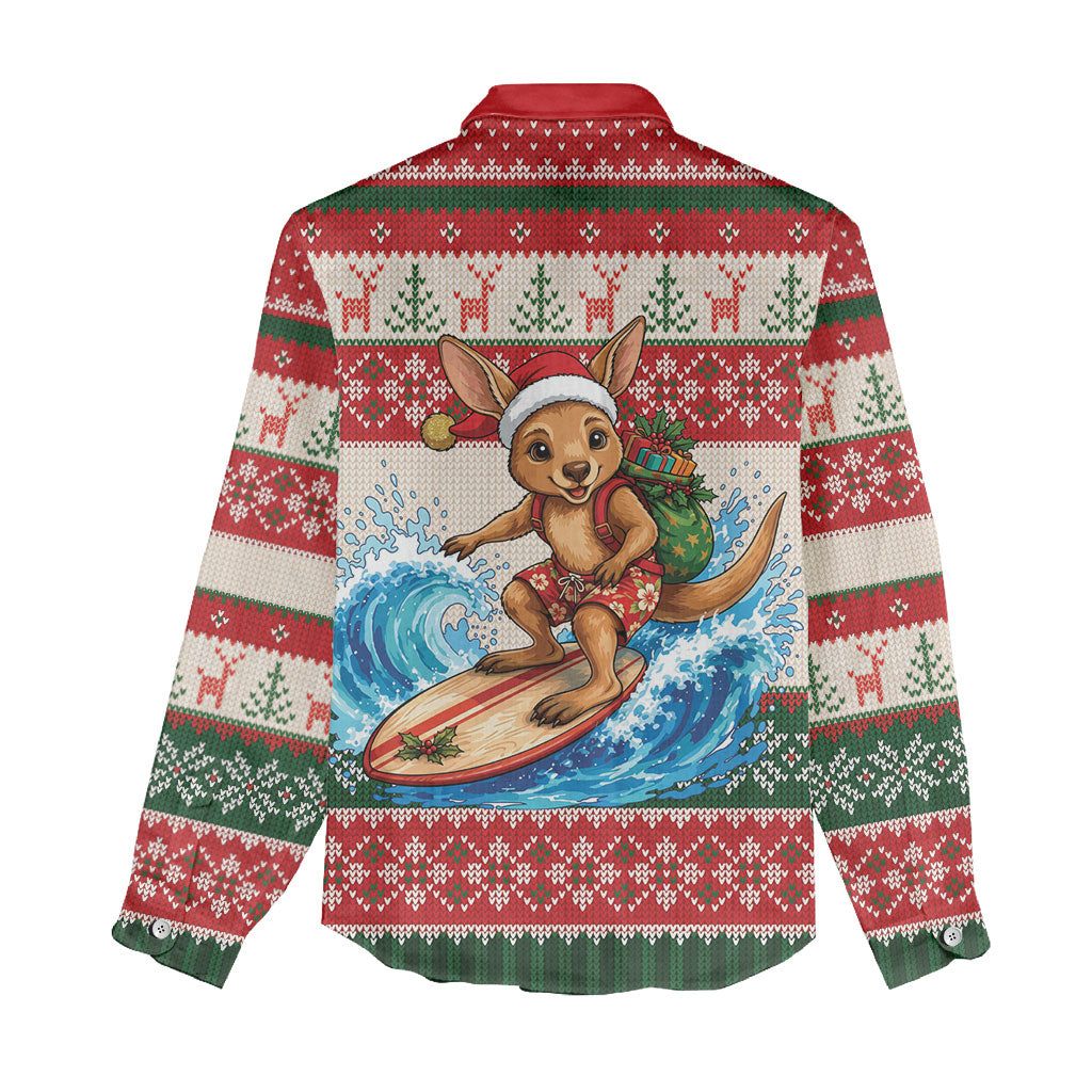 Aussie Wallaby Santa Surf Christmas Women Casual Shirt Festive Knitted Pattern Inspired