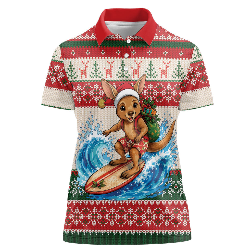 Aussie Wallaby Santa Surf Christmas Women Polo Shirt Festive Knitted Pattern Inspired