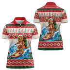 Aussie Wallaby Santa Surf Christmas Women Polo Shirt Festive Knitted Pattern Inspired