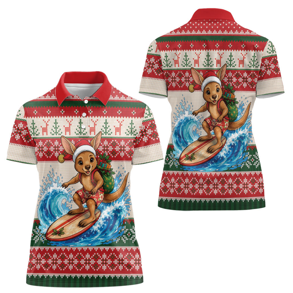 Aussie Wallaby Santa Surf Christmas Women Polo Shirt Festive Knitted Pattern Inspired