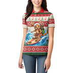 Aussie Wallaby Santa Surf Christmas Women Polo Shirt Festive Knitted Pattern Inspired