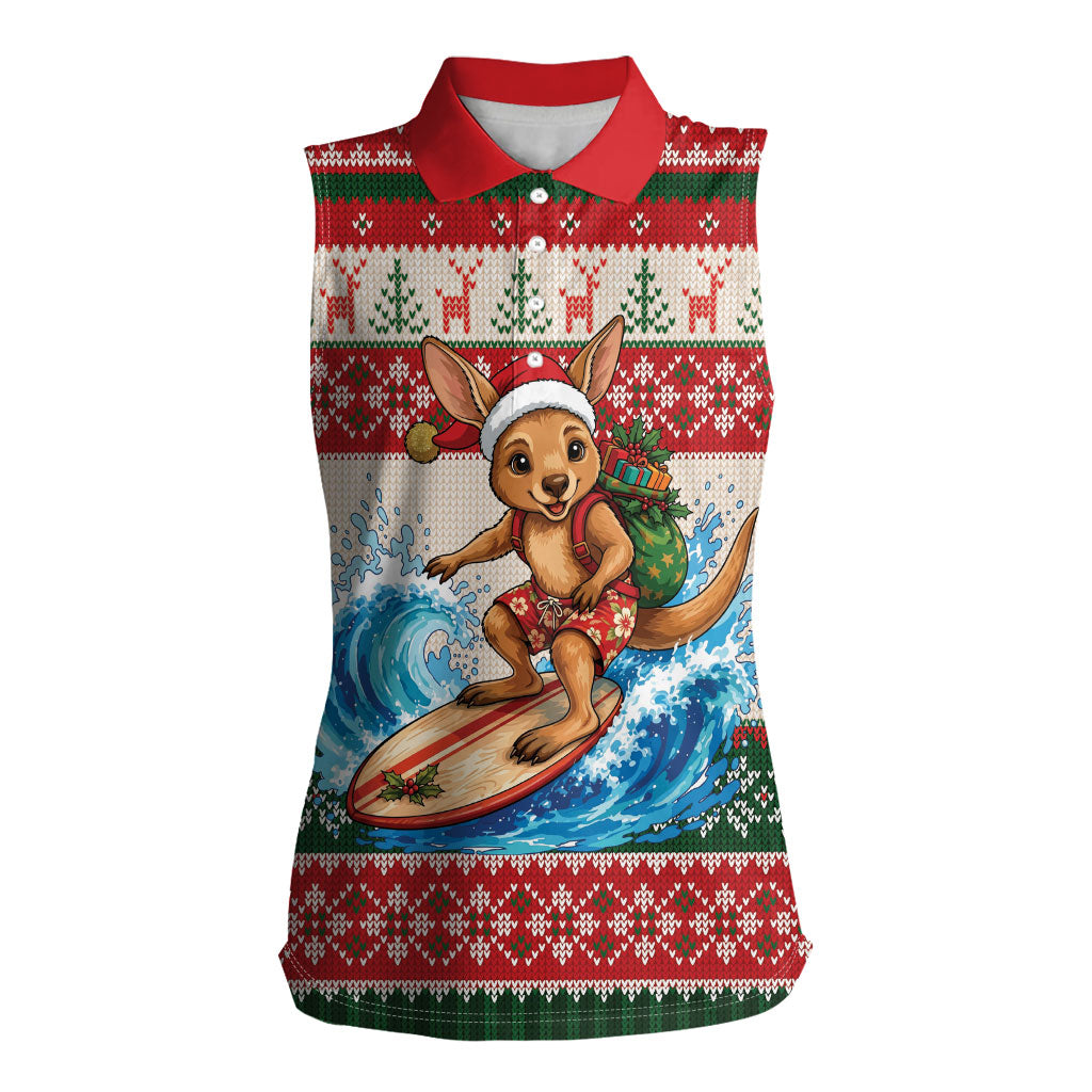 Aussie Wallaby Santa Surf Christmas Women Sleeveless Polo Shirt Festive Knitted Pattern Inspired