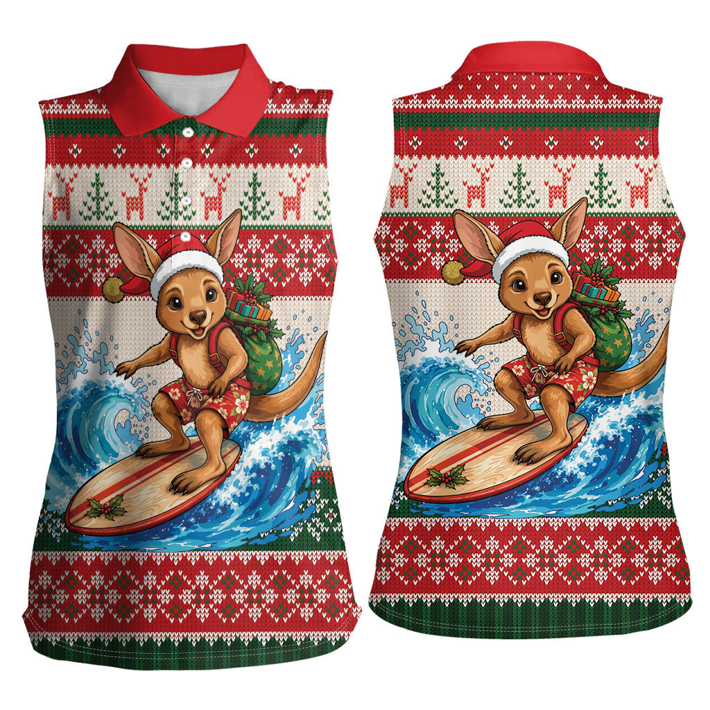 Aussie Wallaby Santa Surf Christmas Women Sleeveless Polo Shirt Festive Knitted Pattern Inspired