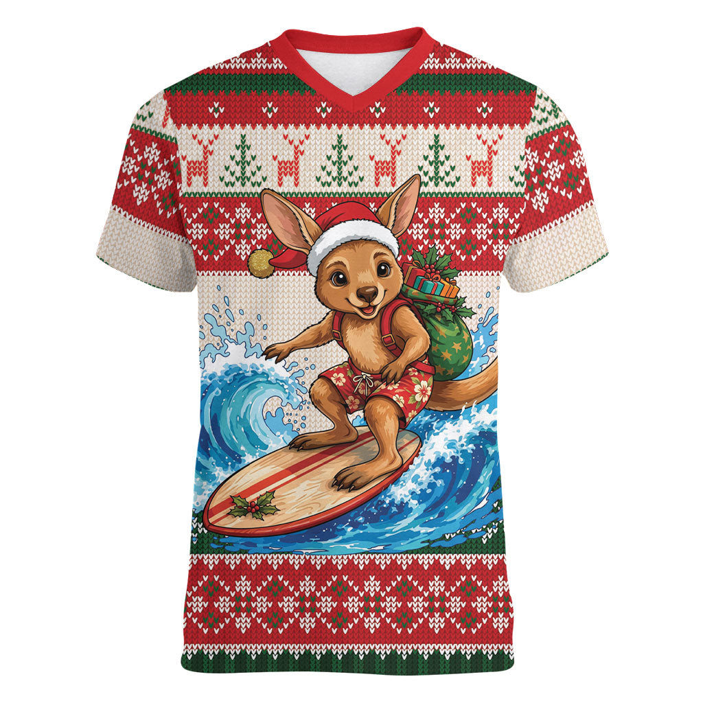 Aussie Wallaby Santa Surf Christmas Women V-Neck T-Shirt Festive Knitted Pattern Inspired