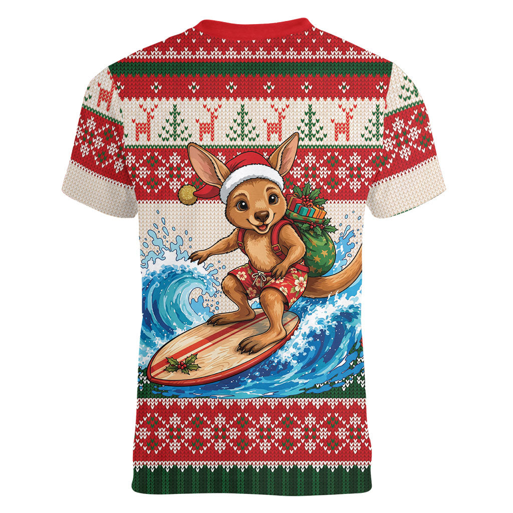 Aussie Wallaby Santa Surf Christmas Women V-Neck T-Shirt Festive Knitted Pattern Inspired