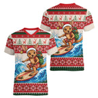 Aussie Wallaby Santa Surf Christmas Women V-Neck T-Shirt Festive Knitted Pattern Inspired