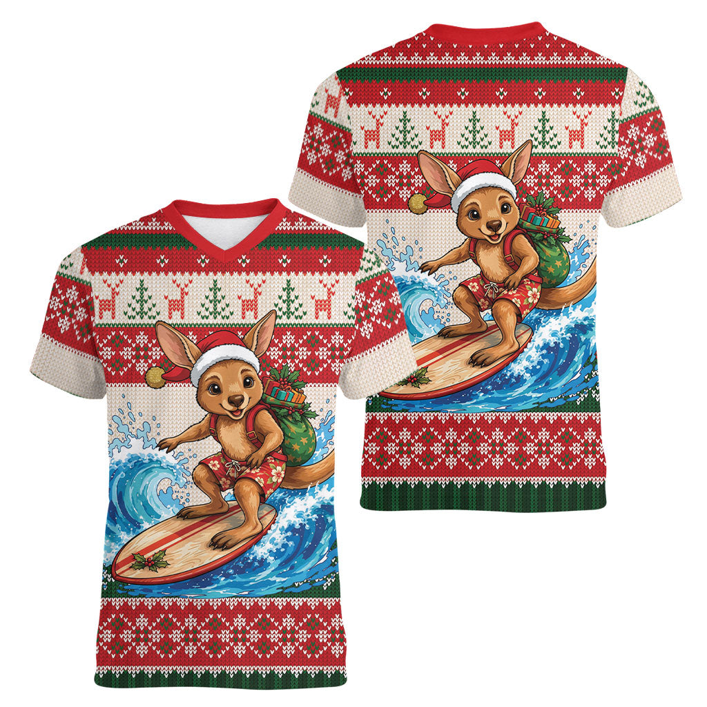 Aussie Wallaby Santa Surf Christmas Women V-Neck T-Shirt Festive Knitted Pattern Inspired