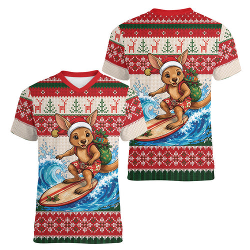 Aussie Wallaby Santa Surf Christmas Women V-Neck T-Shirt Festive Knitted Pattern Inspired