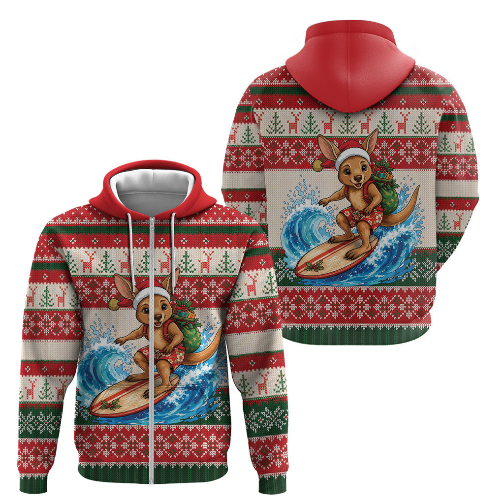 Aussie Wallaby Santa Surf Christmas Zip Hoodie Festive Knitted Pattern Inspired