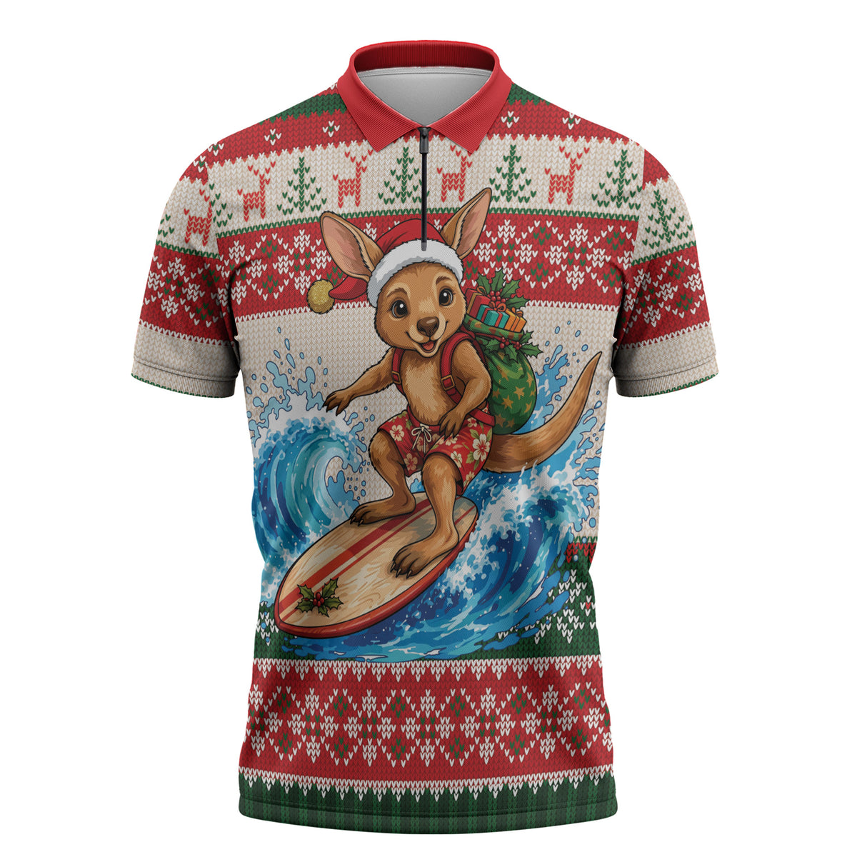 Aussie Wallaby Santa Surf Christmas Zipper Polo Shirt Festive Knitted Pattern Inspired