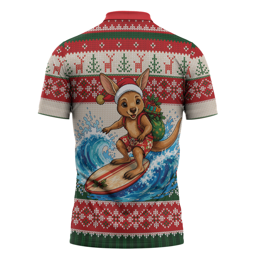Aussie Wallaby Santa Surf Christmas Zipper Polo Shirt Festive Knitted Pattern Inspired