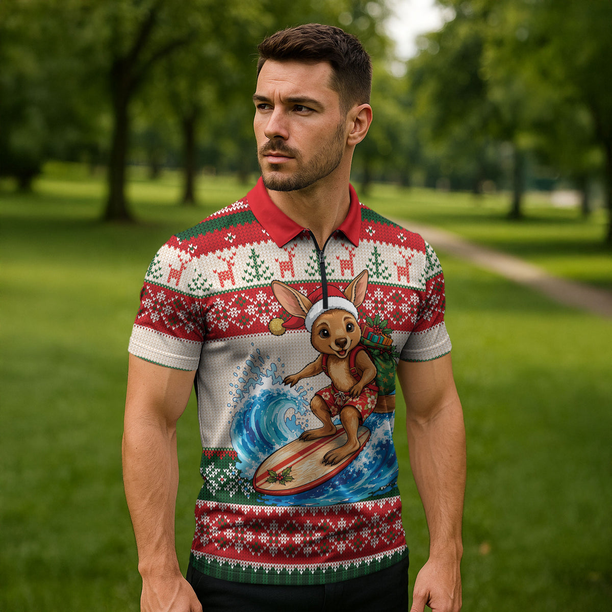Aussie Wallaby Santa Surf Christmas Zipper Polo Shirt Festive Knitted Pattern Inspired
