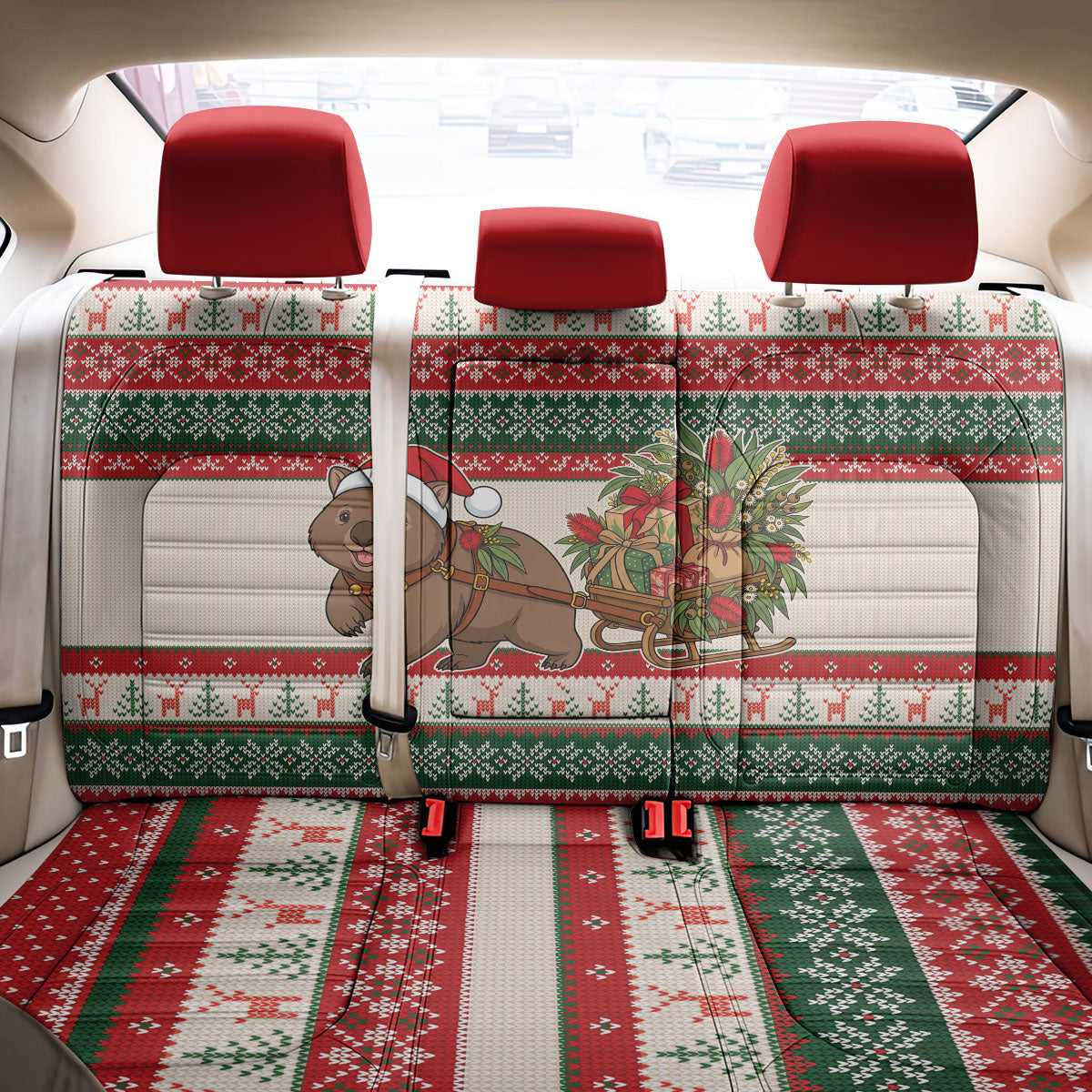 Aussie Wombat Christmas Back Car Seat Cover Festive Knitted Pattern Inspired