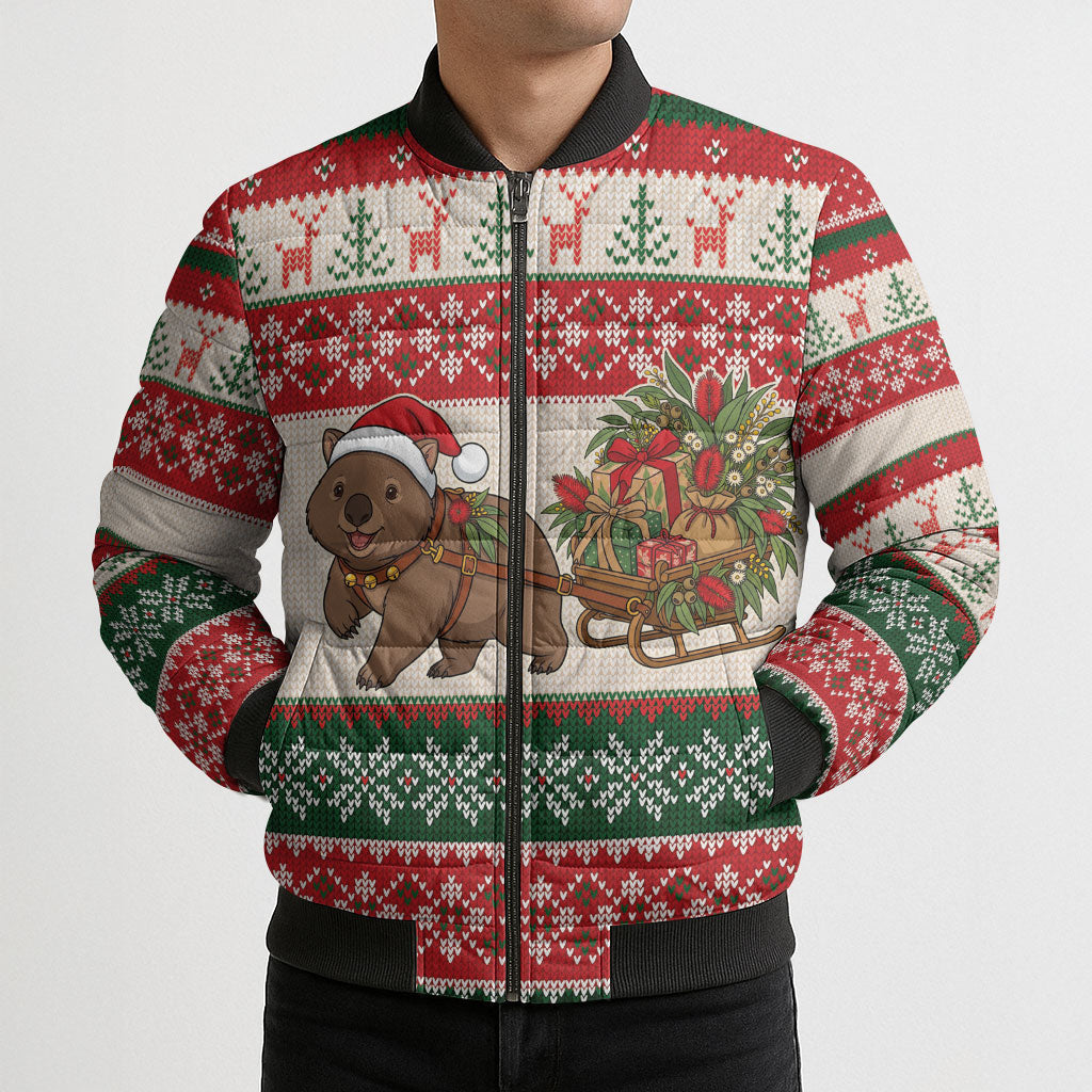 Aussie Wombat Christmas Bomber Puffer Jacket Festive Knitted Pattern Inspired