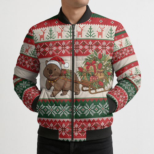 Aussie Wombat Christmas Bomber Puffer Jacket Festive Knitted Pattern Inspired