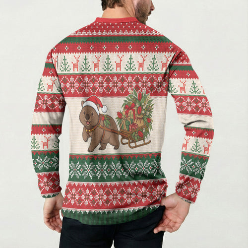 Aussie Wombat Christmas Button Sweatshirt Festive Knitted Pattern Inspired