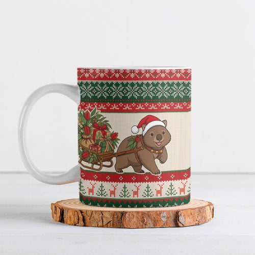 Aussie Wombat Christmas Ceramic Mug Festive Knitted Pattern Inspired