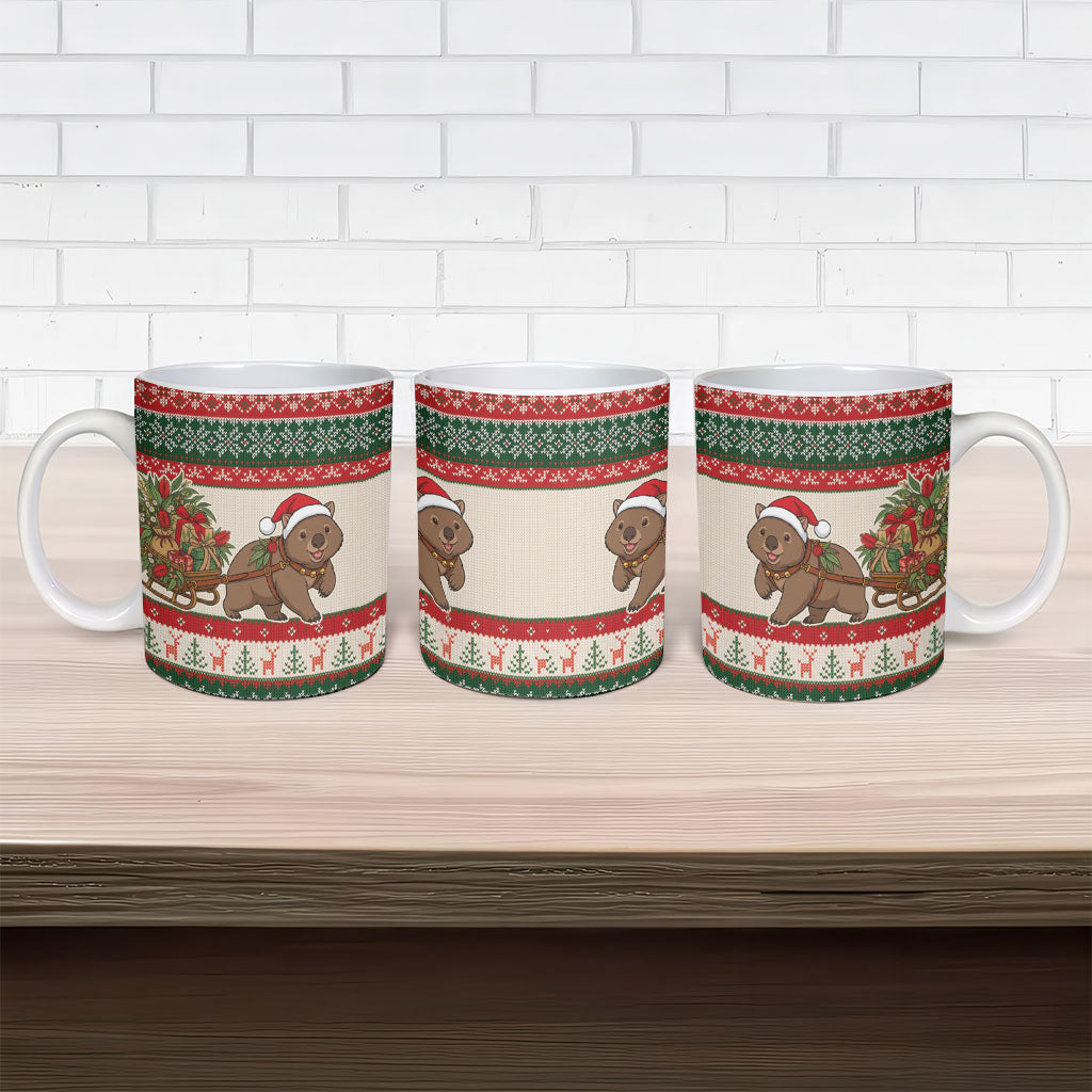 Aussie Wombat Christmas Ceramic Mug Festive Knitted Pattern Inspired