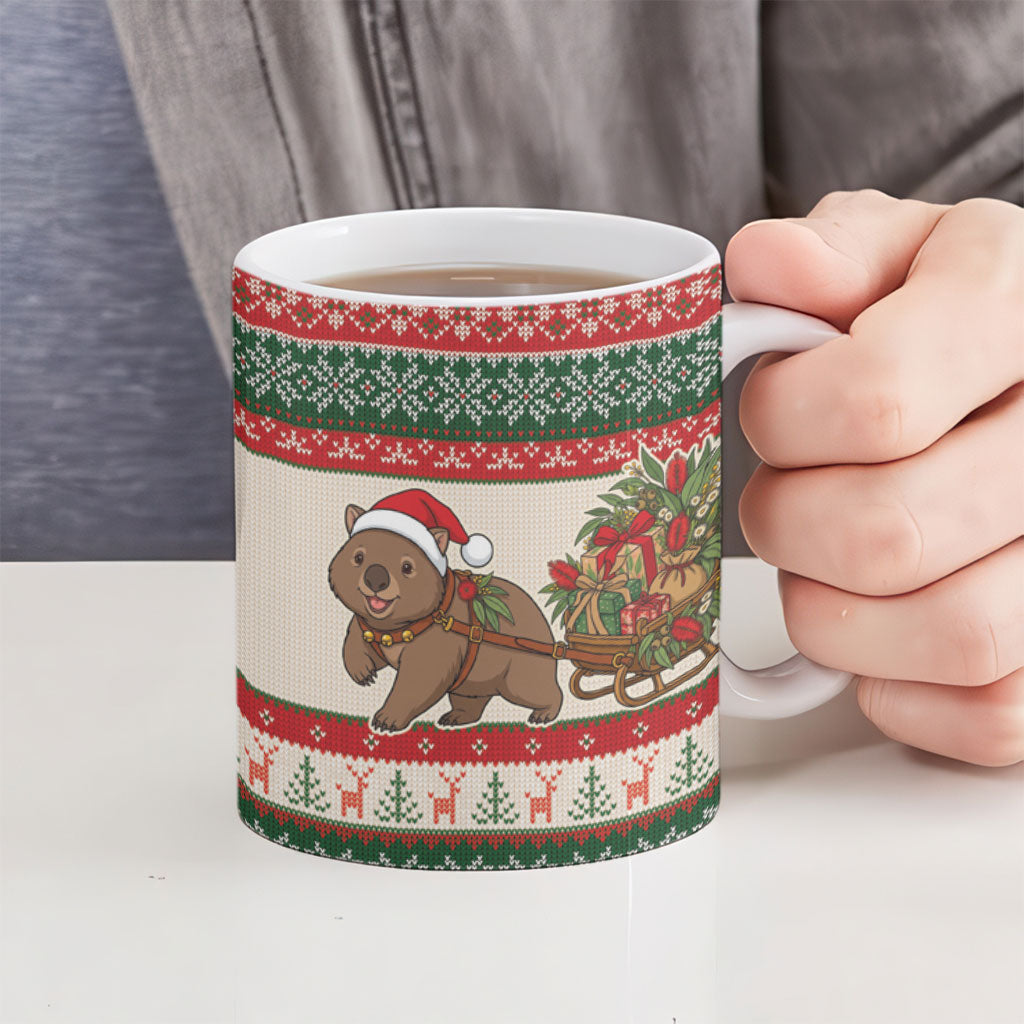 Aussie Wombat Christmas Ceramic Mug Festive Knitted Pattern Inspired