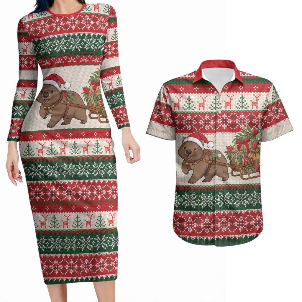 Aussie Wombat Christmas Couples Matching Long Sleeve Bodycon Dress and Hawaiian Shirt Festive Knitted Pattern Inspired