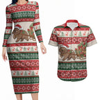 Aussie Wombat Christmas Couples Matching Long Sleeve Bodycon Dress and Hawaiian Shirt Festive Knitted Pattern Inspired