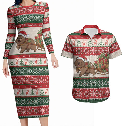 Aussie Wombat Christmas Couples Matching Long Sleeve Bodycon Dress and Hawaiian Shirt Festive Knitted Pattern Inspired