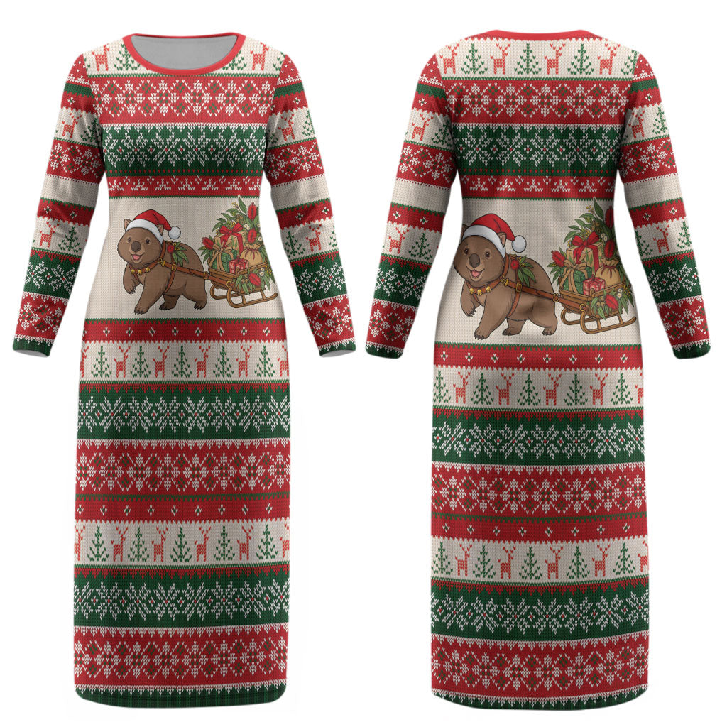 Aussie Wombat Christmas Couples Matching Long Sleeve Bodycon Dress and Hawaiian Shirt Festive Knitted Pattern Inspired